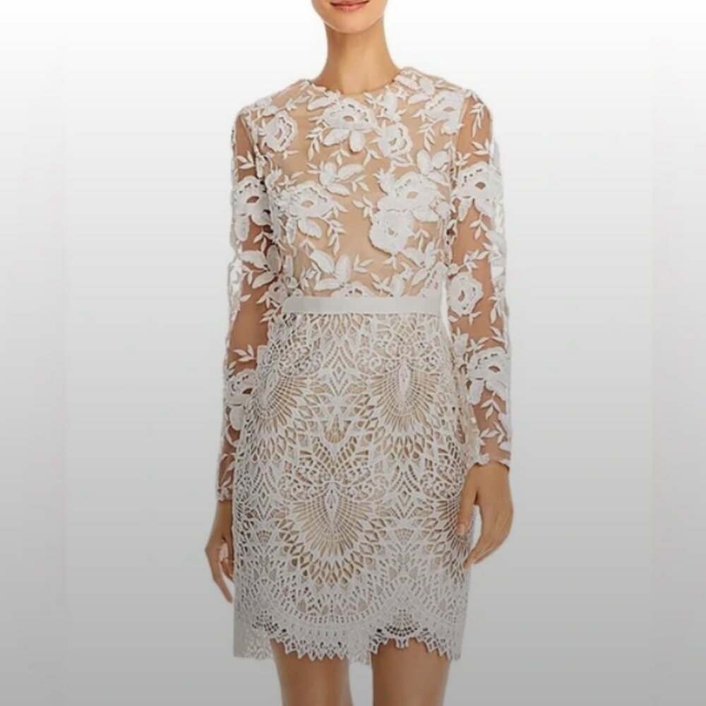 Monique Lhuillier White and Cream Floral Lace Dress bridal rehearsal dinner